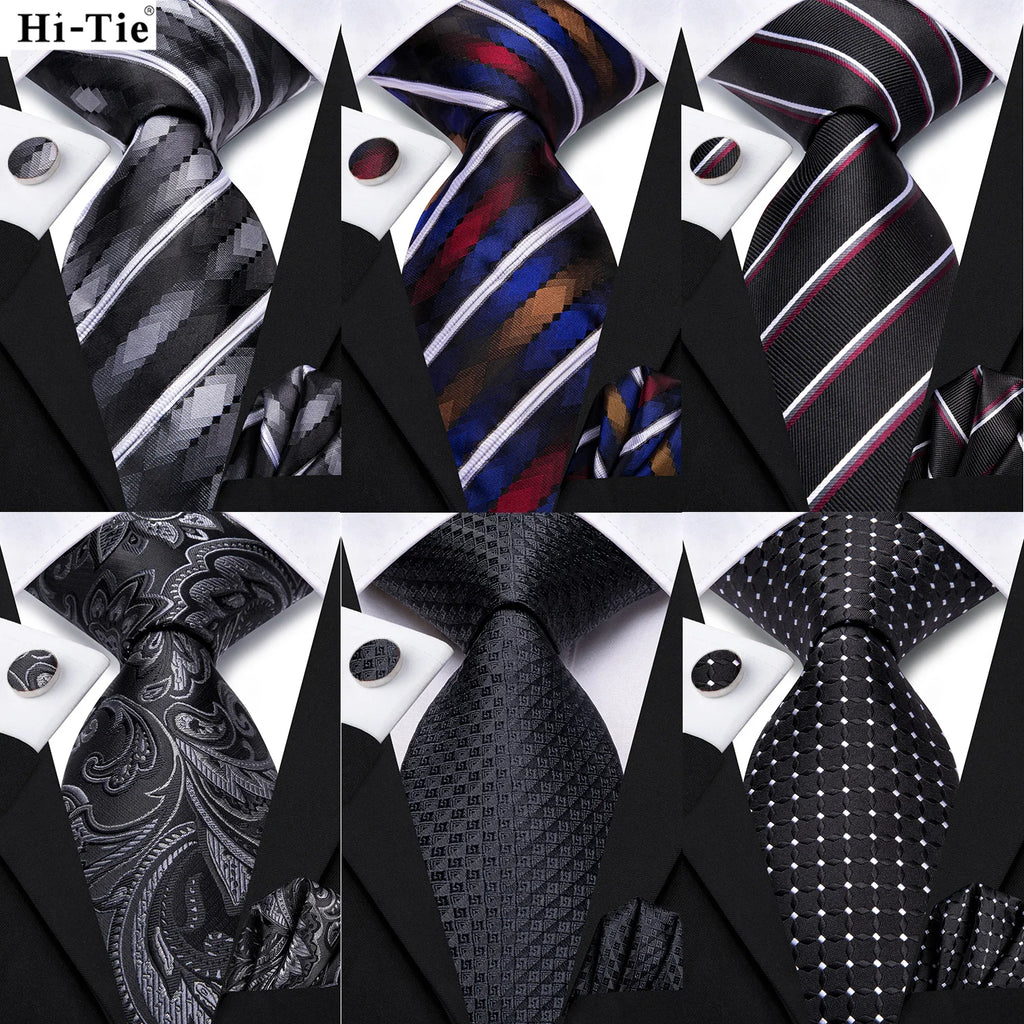 Hi-tie Striped Black White Silk Elegant Tie Men Groom Wedding Necktie Qme