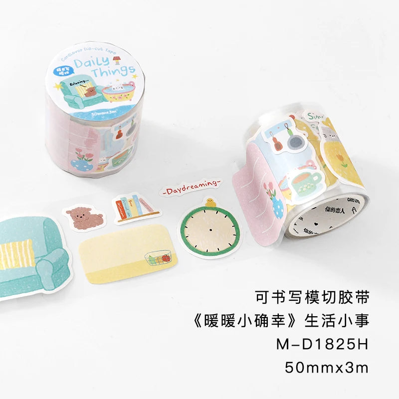 50mmx3m Cartoon Die-Cutting Tape Cute Decor Self-Adhesive Creative Stationery Stickers for Collage Journal Scrapbooking Qme C