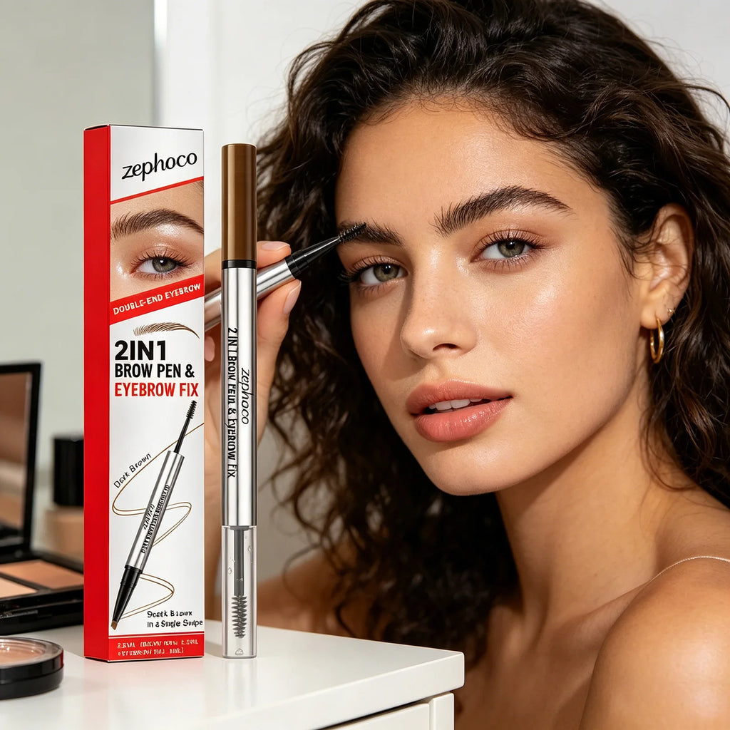 zephoco 2 in 1 Brow Pen Eyebrow Fix Long Lasting Waterproof Quick Shape Multi-use Smudge Proof Makeup Double-End Eye Brow Pencil Qme