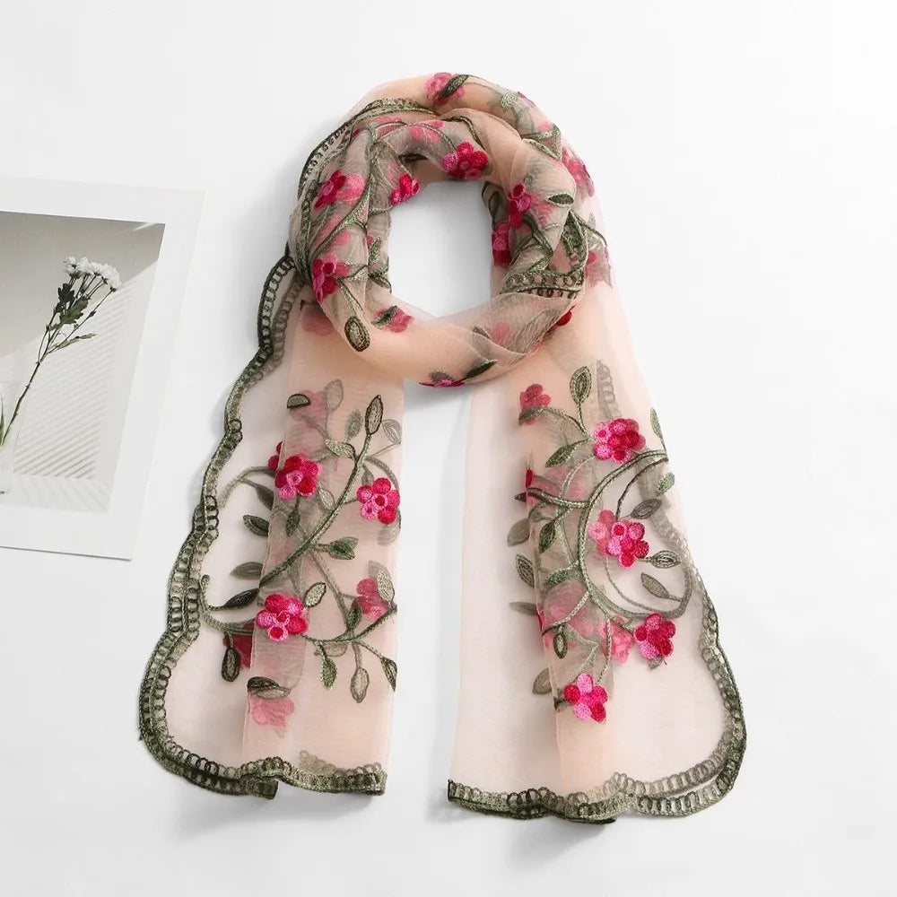Ethnic Style Embroidered Floral Headwrap Breathable Lightweight Boho Sheer Shawl Skin-Friendly Soft Summer Hijab Qme Light Pink