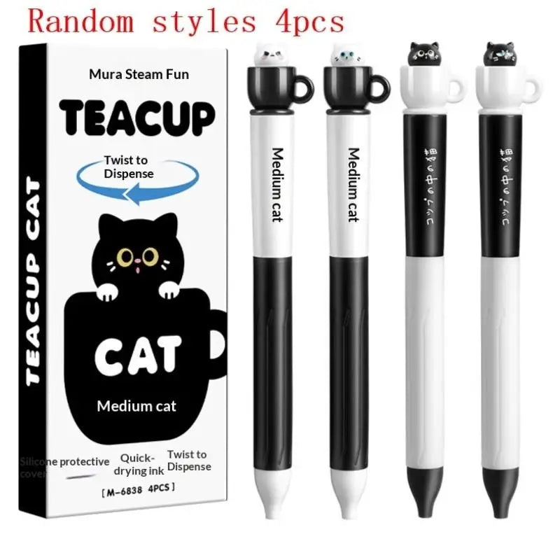 Cute Teacup Cat Gel Pens Fun Animal Quick Dry Pen Creative Rotating Qme 4pcs