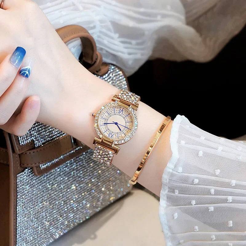 Ladies' Quartz Full Diamond Roman Watch Fashion Starry Sky Round Bracelet Watch High Beauty Women's Watch Qme