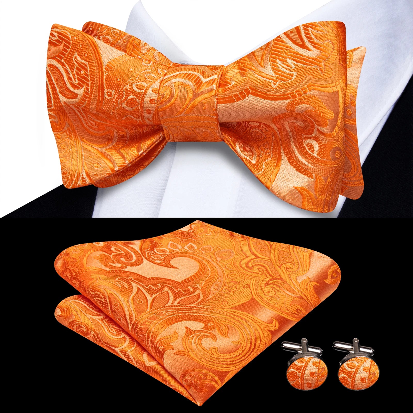 Pink Orange Sky Blue Hi-Tie Mens Bow Tie Pocket Square Cufflinks Set Self-tied Butterfly Knot Bowtie for Wedding Business Gift Qme HT-LH-2297