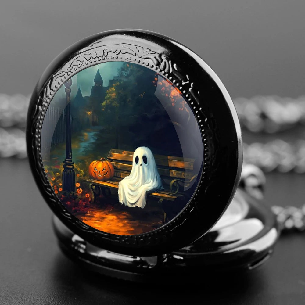 Halloween Cosplay Ghost Glass Dome Quartz Pocket Watch With Durable Chain Arabic Numeral Dial Creative Gifts for Men Women Qme