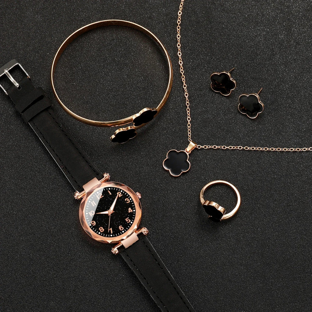20266PCs/Set Women's Watch Fashion Digital Leather Quartz Watch with Unique Flower Jewelry Set Qme