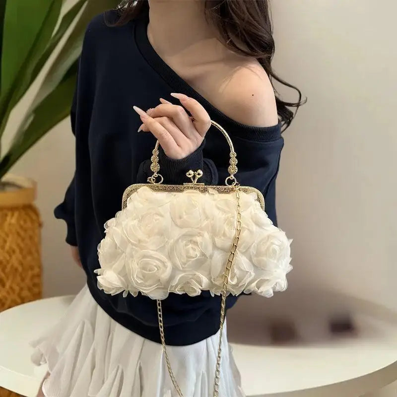 Chiffon 3D Flower Banquet Bag Fashion Evening Bags Luxury Women Chain Qme
