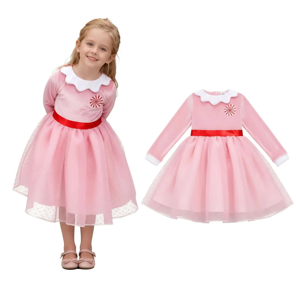 Girls Cindy Lou Who Costume Girls Loog Sleeve Princess Dress with Lollipop Pattern Christmas Dress Up Skirt Outfit Qme Pink M