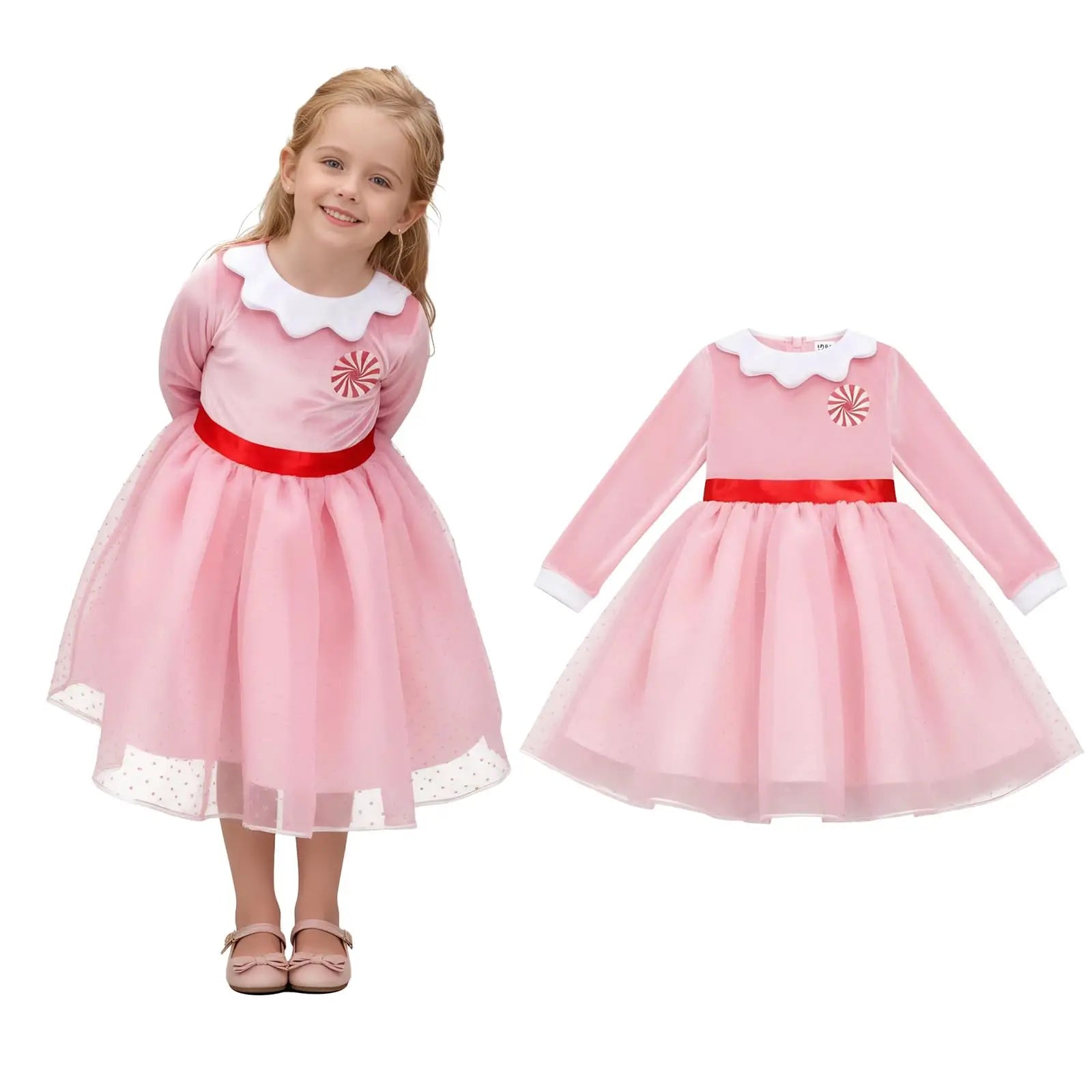 Girls Cindy Lou Who Costume Girls Loog Sleeve Princess Dress with Lollipop Pattern Christmas Dress Up Skirt Outfit Qme Pink M