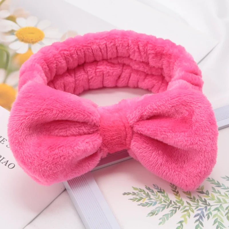 Soft Bow Headbands SPA Yoga Big Solid Coral Fleece Elastic Hair Bands Qme Rose Red