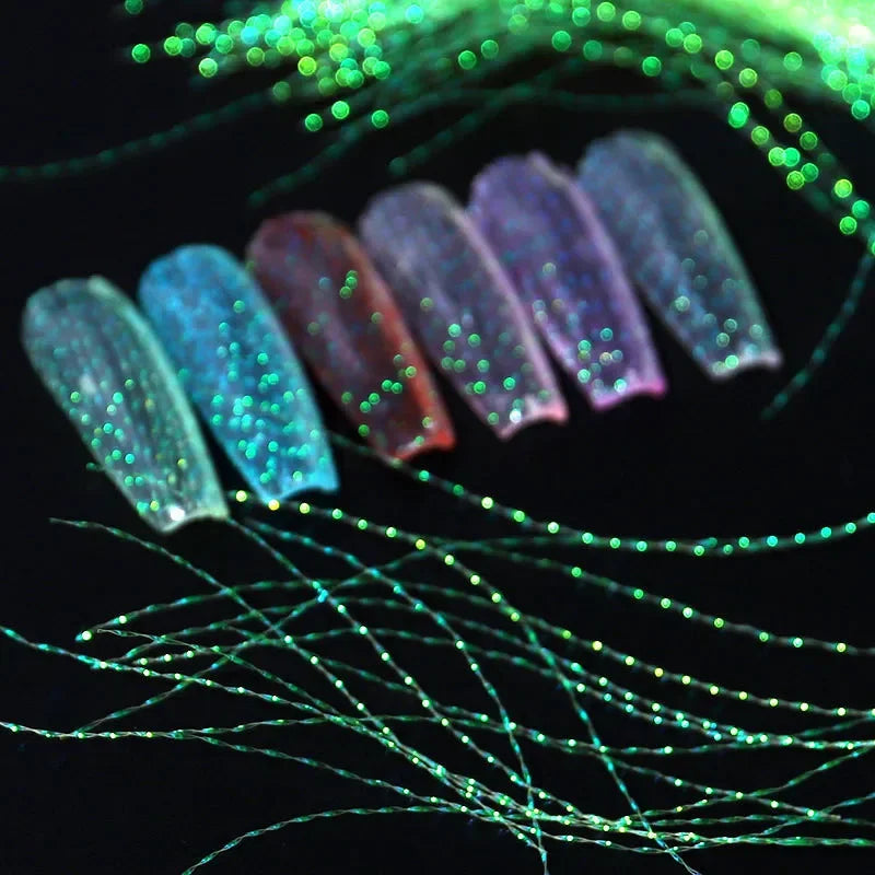 1 Bag Fluorescent Thread Nail Sticker Laser Glitter Mesh Net Line Tape Decals Holographic 3D Silk Foils Nail Art Decorations Qme