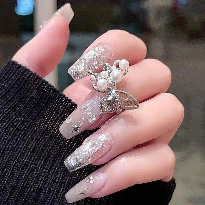 Silver Hollow Butterfly Freshwater Imitation Pearl Open Adjustable Ring Delicate Elegant Ladies Daily Statement Finger Jewelry Qme