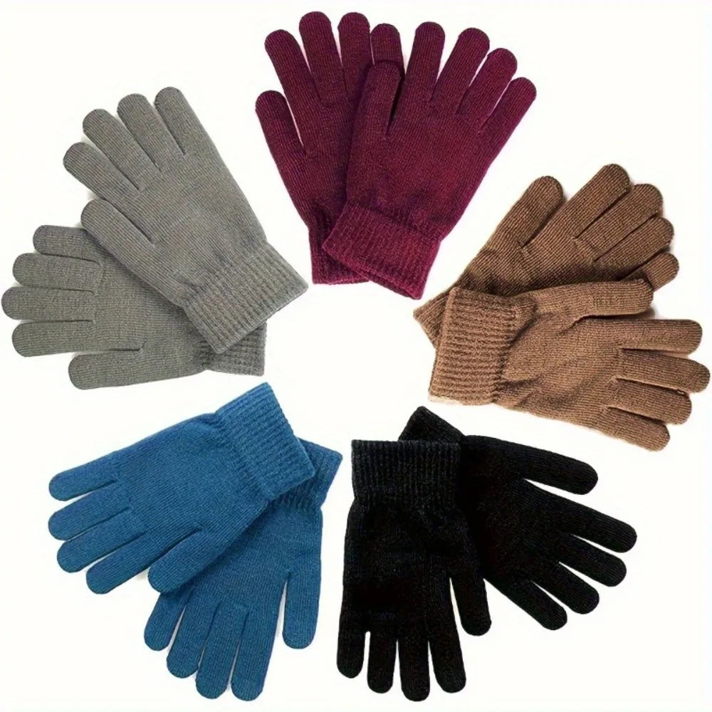 2/5 Pairs Winter Solid Color Knitted Gloves Warm Soft Elastic Cuff Thermal Mittens For Men Women Daily Outdoor Wear Qme