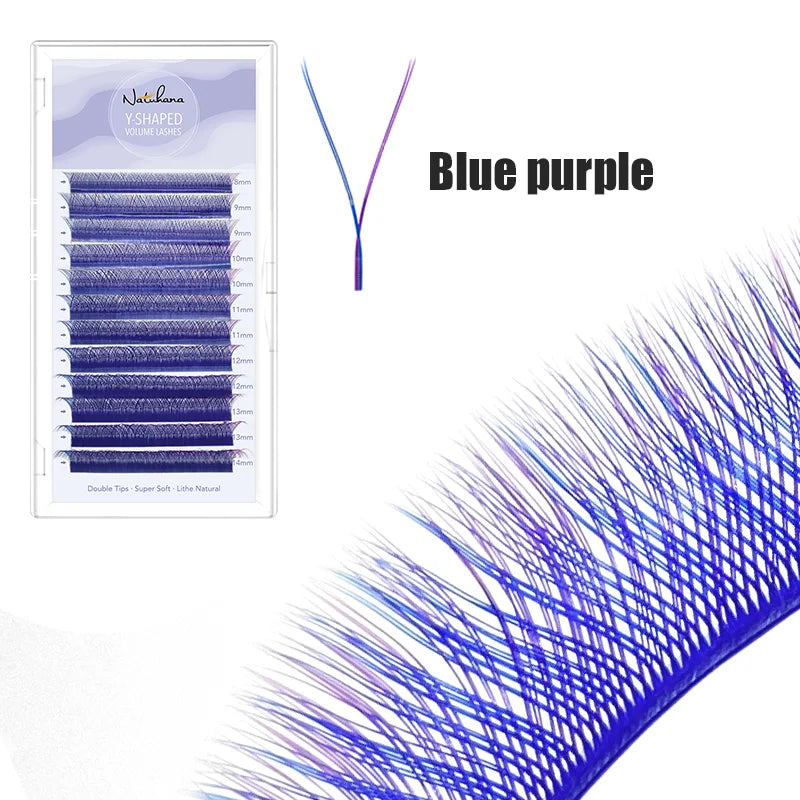 NATUHANA YY Shape Eyelashes Extension Two Tip Lashes C D Curl Ombre Qme Blue purple D 0.07mm|8-14mix