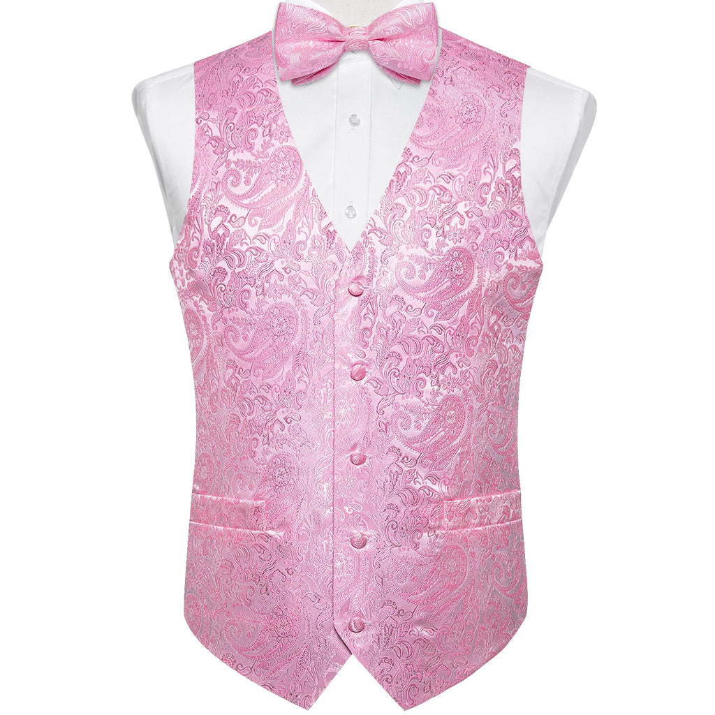 Men's Pink Paisley Suit Vest & Bow Tie Set – Formal Waistcoat with Tie, Jacquard for Weddings and Festive Events Qme