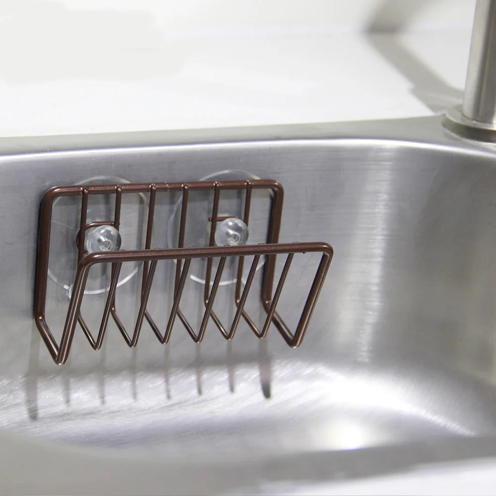 No-Drill Iron Sponge Holder Rack - Over Sink Draining Shelf, Wall-Mounted Kitchen Organizer for Dish Scrubber & Soap Dispenser Qme