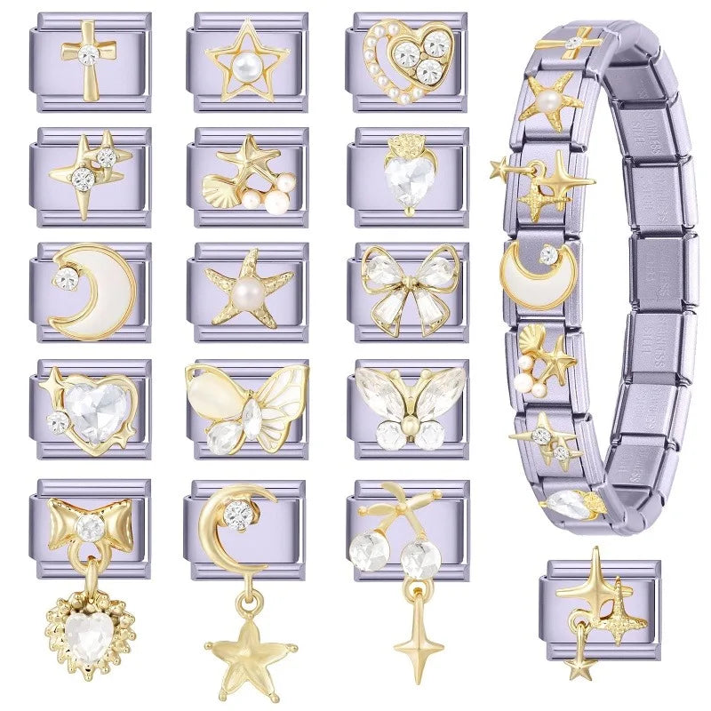 New Gold Color Zircon Heart Star Moon Bow Knot Italian Charm Link Fit 9mm Stainless Steel Bracelet Women Jewelry DIY Making Gift Qme