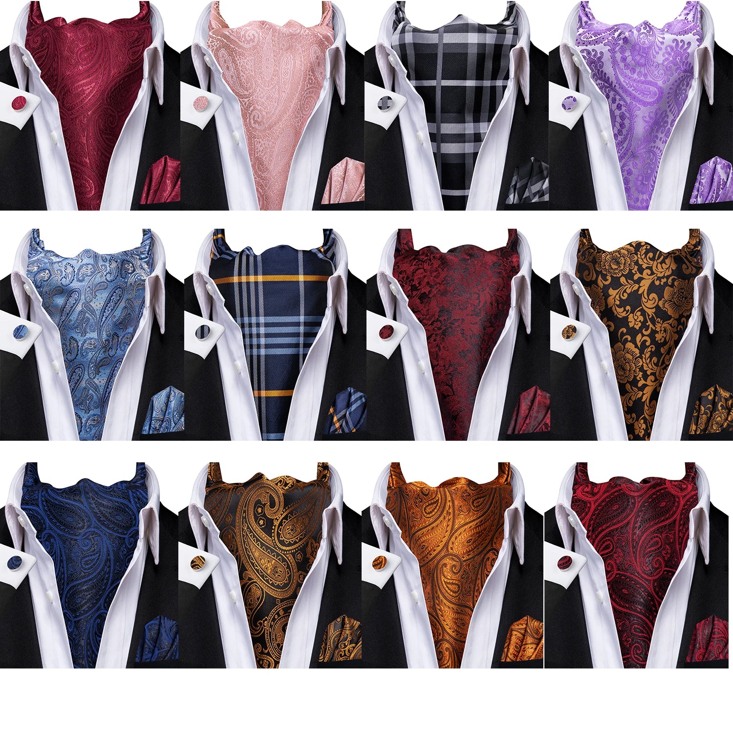 Hi-tie Mens Ascot Pocket Square Cufflinks Jacquard Paisley Floral Qme