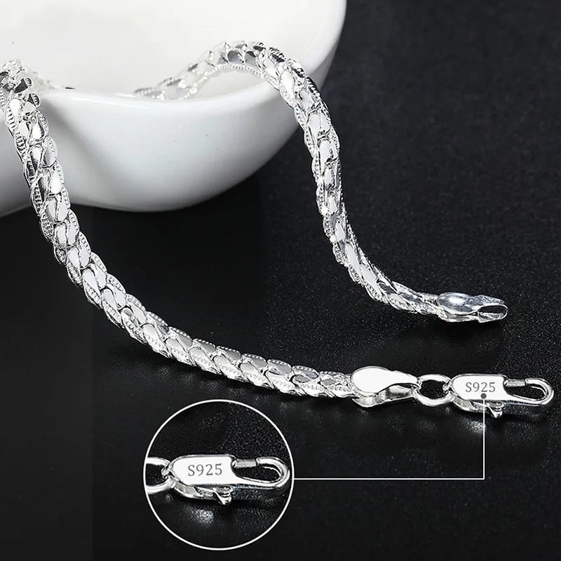 925 Sterling Silver Bracelet 18/19/20cm Flat Side Chain Lobster Clasp Bracelet For Woman Man Party Wedding Jewelry Holiday Gift Qme