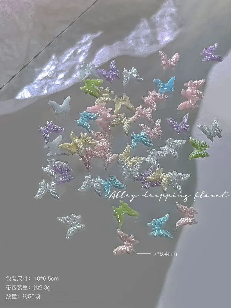 50pcs Glitter Butterfly Nail Charms, 3D Colorful Dopamine Butterflies Resin Nail Art Decorations, Flat Back Manicure Supplies Qme 03 50pcs