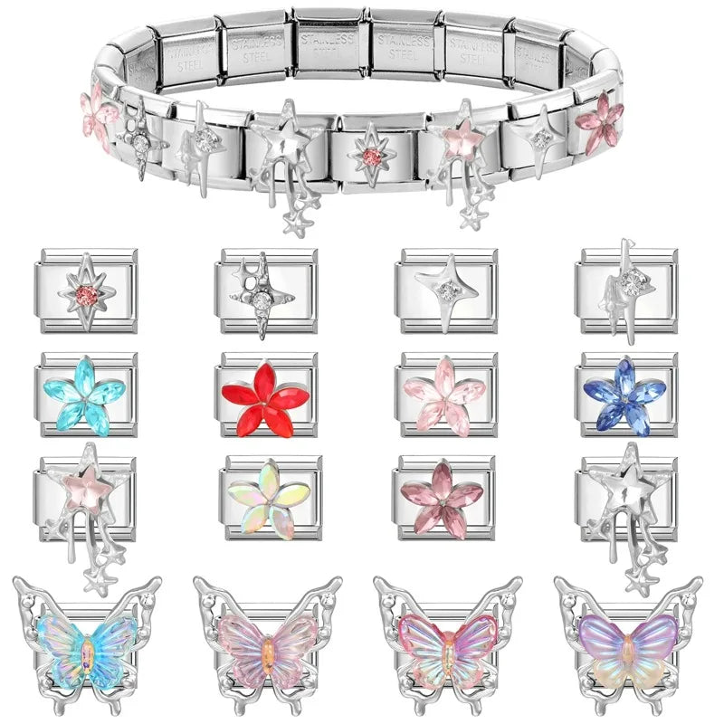 Fashion Zircon Red Blue Pink Flowers Butterfly Stars Tassel Italian Charm Links Fit 9mm Bracelet Stainless Steel DIY Making Gift Qme