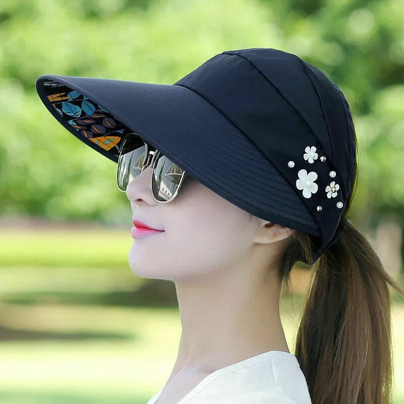 Korea Empty Sun Hat Foldable Wide Brim Anti Uv Visor Cap Women Summer Qme black