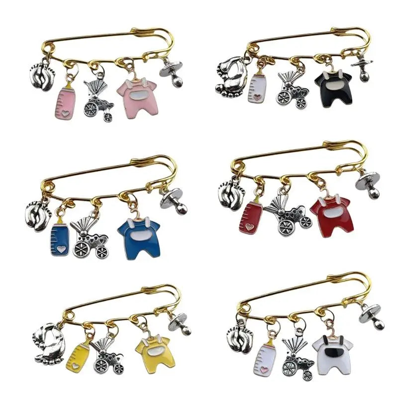 New Baby Arrival Charm Safety Pin Brooch Foot Bottle Stroller Dummy Enamel Pins Gender Reveal Shower Gift Clothes Bag Decorative Qme