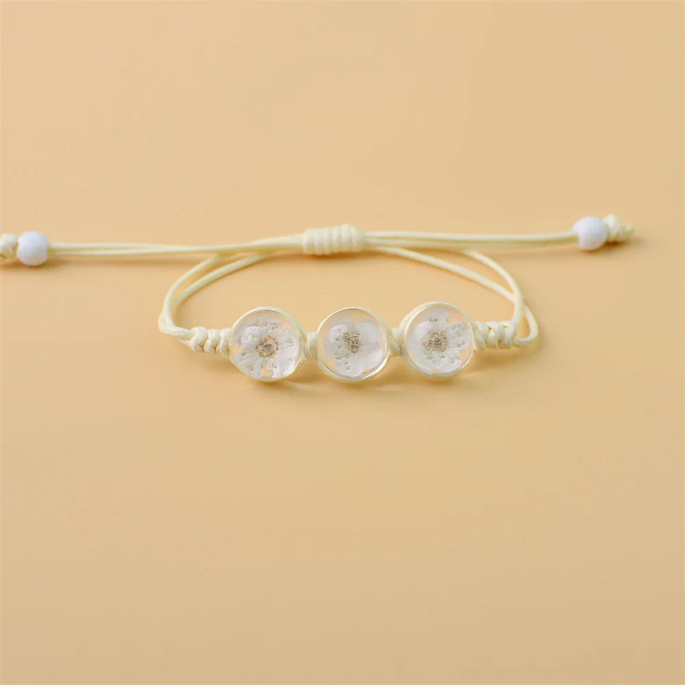 b22 Glass Ball Dried Cherry Blossoms Hand-made Dried Flower Charm Bracelets Multiple options Gifts Natural Flower Weave Jewelry Qme white