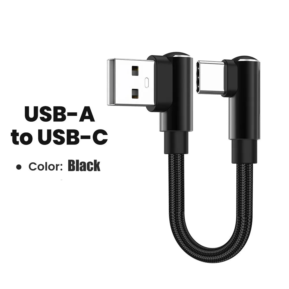 66W 90 Degree Elbow Short USB Type C Fast Charging Cable USB A/C To Type C 0.5m Data Cord For iPhone 15 16 Xiaomi Samsung Huawei Qme AC Black 0.25m