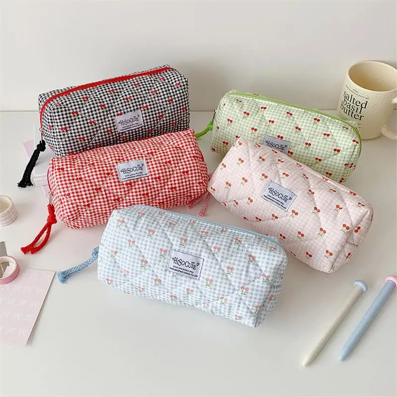 Cute Student Stationery Bag Ladies Cosmetic Bags Cherry Plaid Large Qme