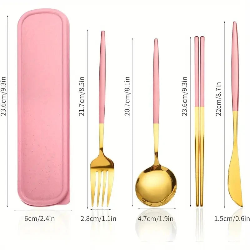 Stainless Steel Cutlery Set With Storage Box 4 Counts Portable Tableware Set For Home Kitchen Dining Room Household Tableware Qme Pink