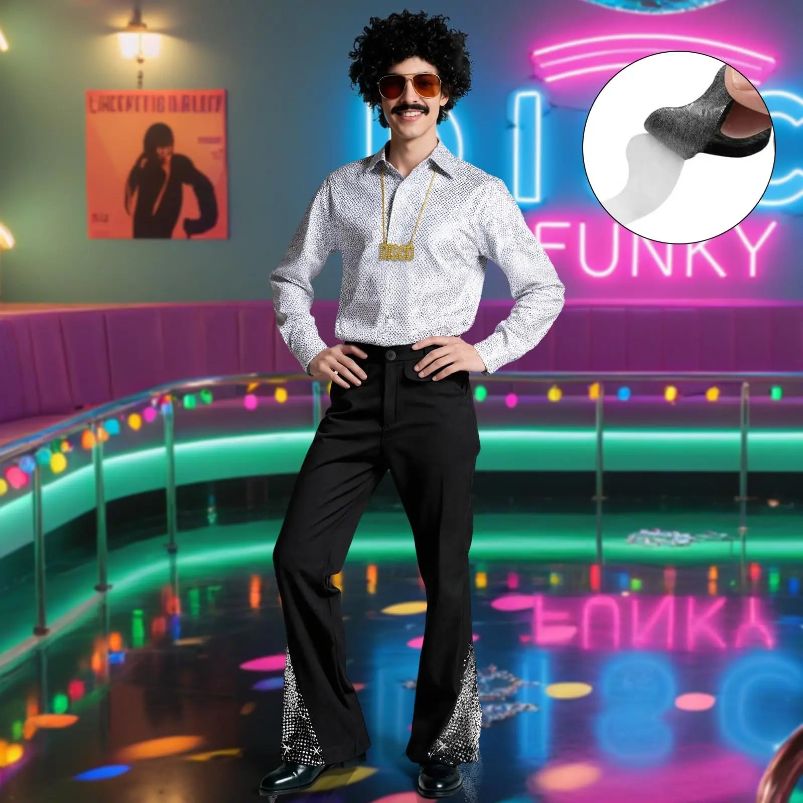 Disco Costume Men 70s Fancy Dress Costume Set with Sequin Shirt Necklace Glasses Beard Outfit Halloween Costumes For Adults Qme