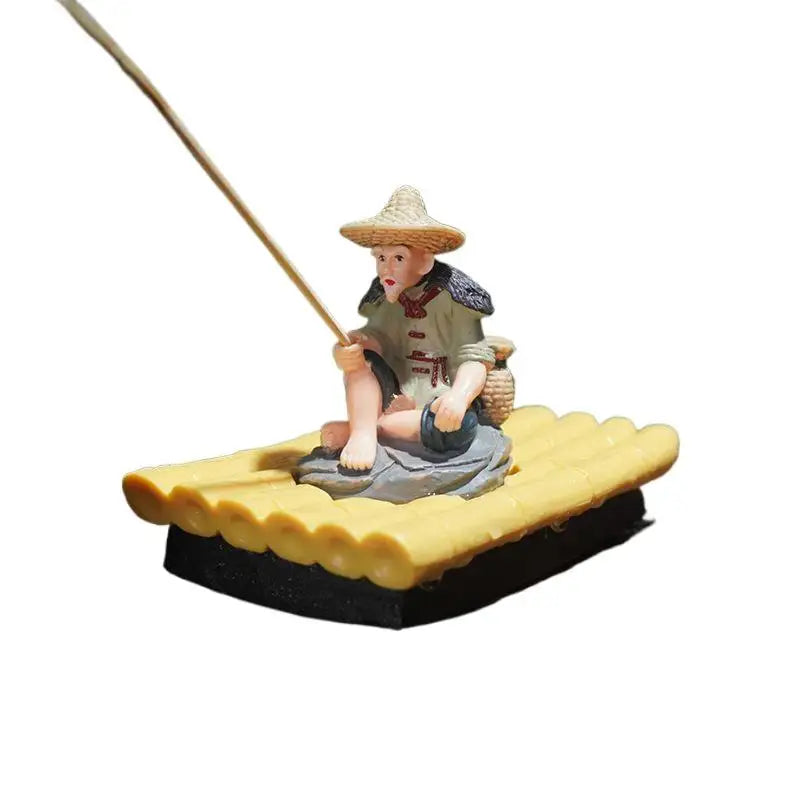 1Pc Outdoor Decoration Bamboo Raft Fisherman Figurine Elderly Fisherman PVC Statue For Yard Floating Aquarium Decor. Qme