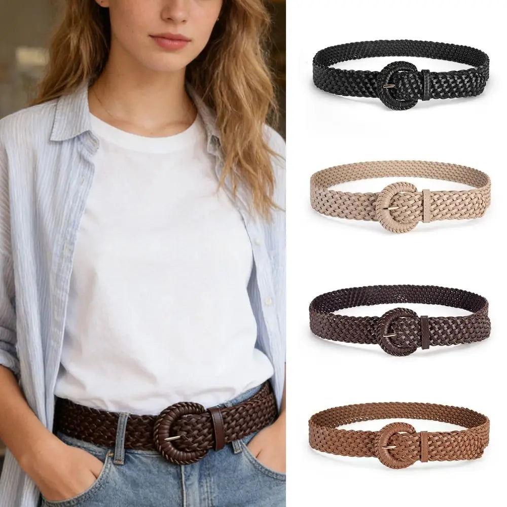 Personality Woven Weave Belt Hollow Out Round Retro Belt Wide PU Leather Bohemian Style Waistband Women Qme