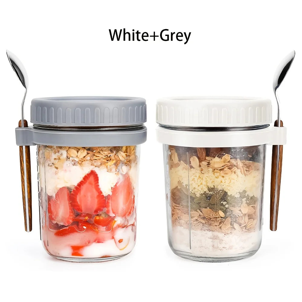 Glass Oatmeal Cup Overnight Oats Container Lid Spoon Cereal Milk Qme 2pcs-White Gray