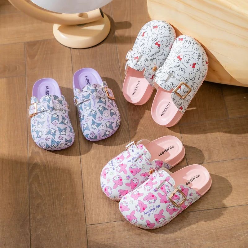 Hello Kitty Cartoon Print Fleece-Lined Cute, Non-Slip Birkenstock-Style Student Sandals Lightweight Slippers with Closed He Qme