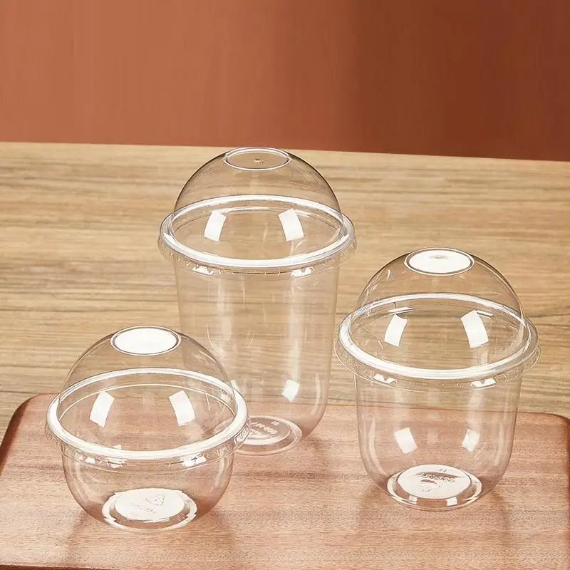 Disposable Clear Plastic Cup Hole Dome Lids Juice Salad Dessert Cups Qme