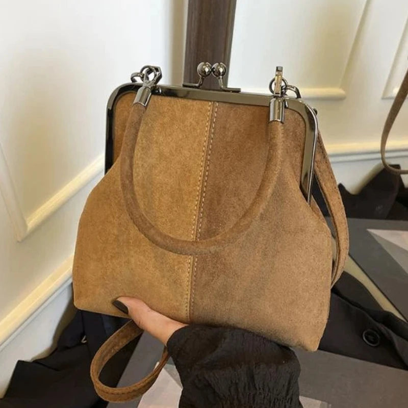 Large Capacity Retro Frosted Handbag Lock Short Handle Leather Crossbody Bag PU Clip Closure Clutch Shoulder Bag Qme A3