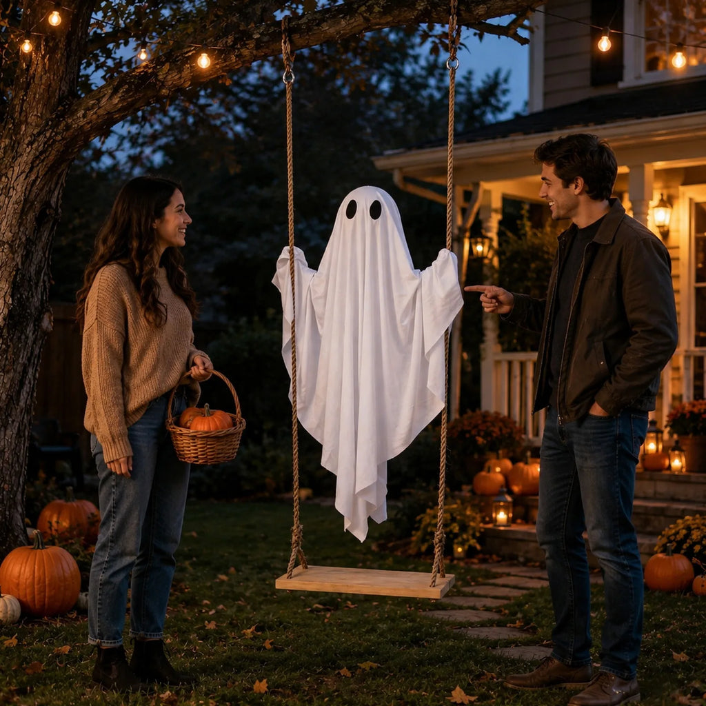 Halloween Swing Glowing Cute Ghost Ornament Garden Yard Bar Haunted House DIY Decorative Props Party Hanging Decor Qme
