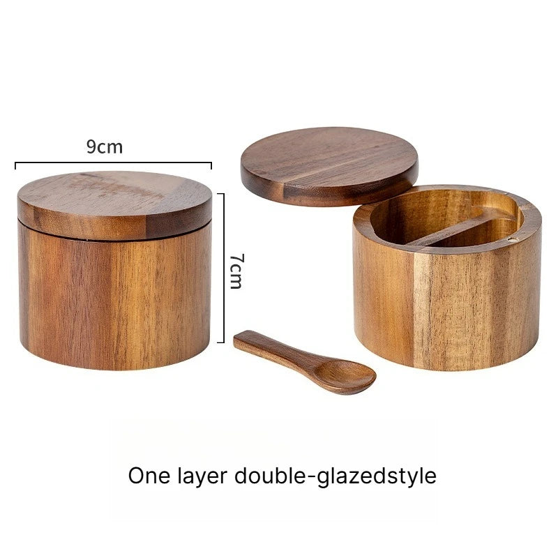 A Acacia wood salt jar, solid wood seasoning box, wooden pepper box, kitchen seasoning bottle, salt box, storage seasoning jar Qme One layer DoubleGrid