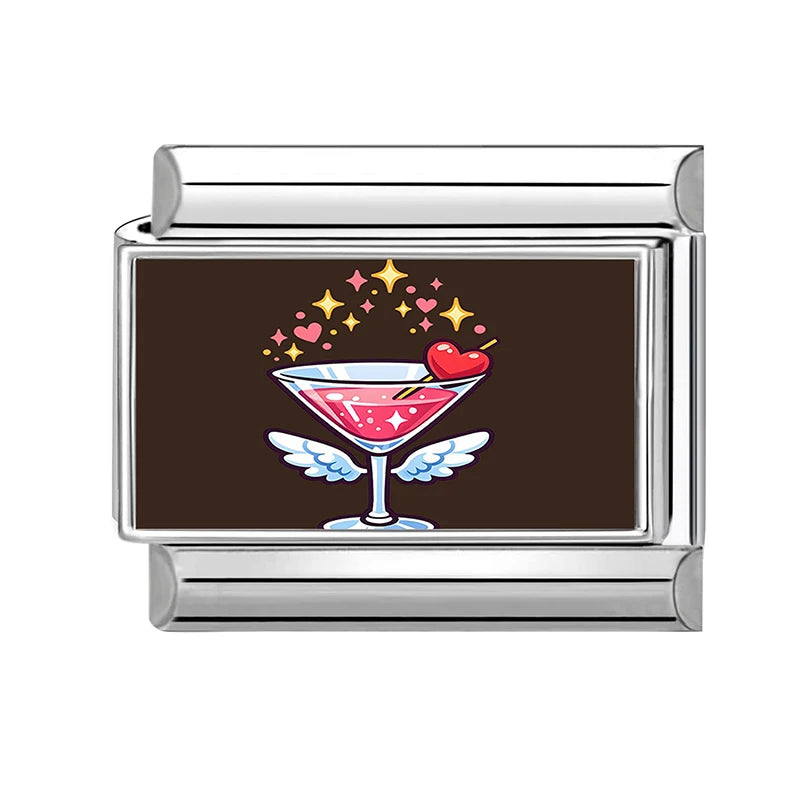 Cute Heart Kiss Cats Wine Cup Cherry Italian Charm Stainless Steel