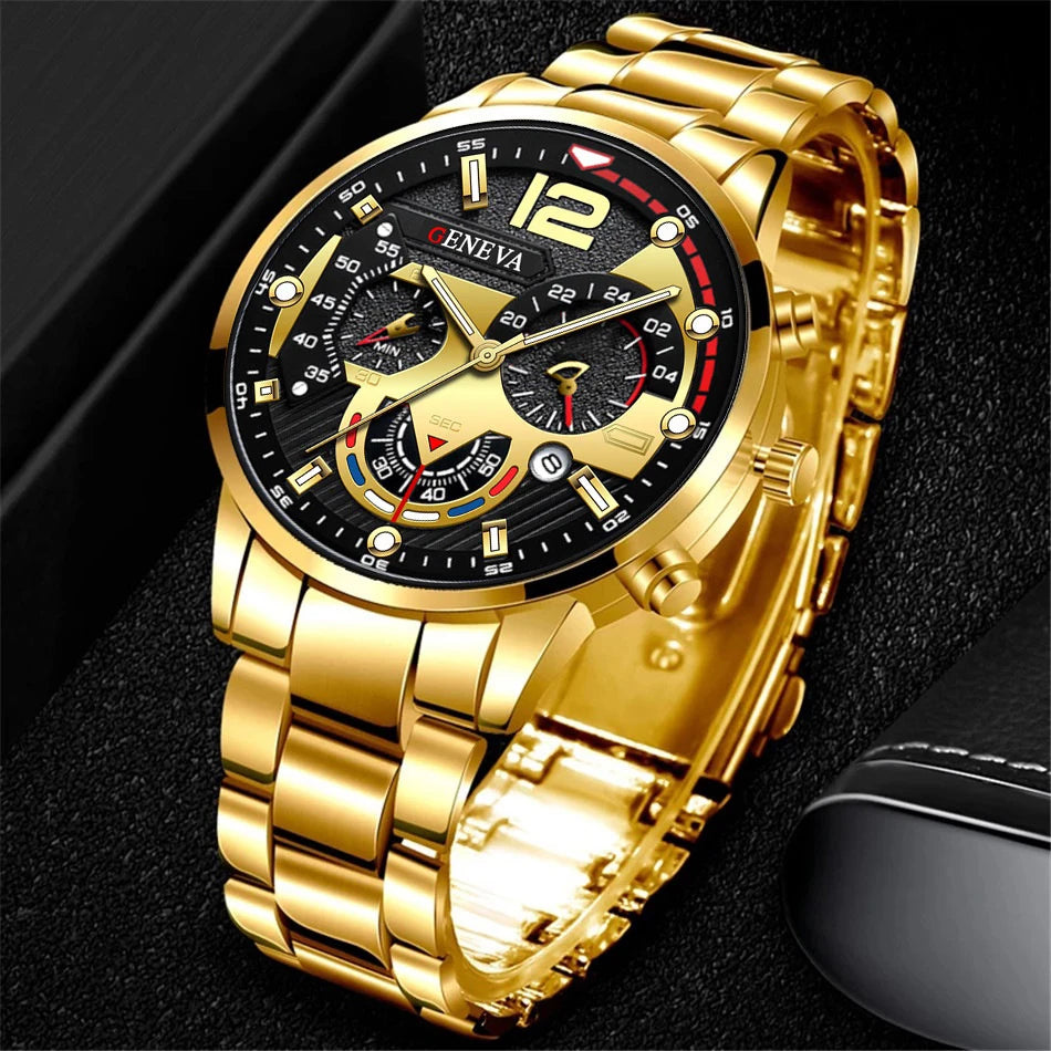 Silver Steel Band Men Chronograph Watch, Large Dial GENEVA Analog Quartz Watch for Business Casual Daily Wear Qme