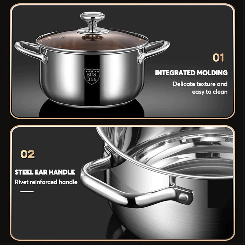 Double Handle Soup Pot Glass Cover Induction Cooker Cooking Stainless Qme