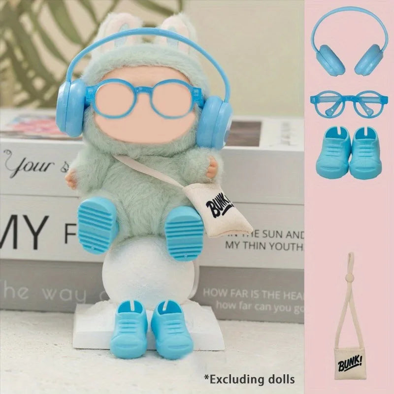 Suitable for LABUBU15-17cm dolls, 4 pairs of headphones, glasses, backpacks, shoes, interesting accessory decorations Qme Blue