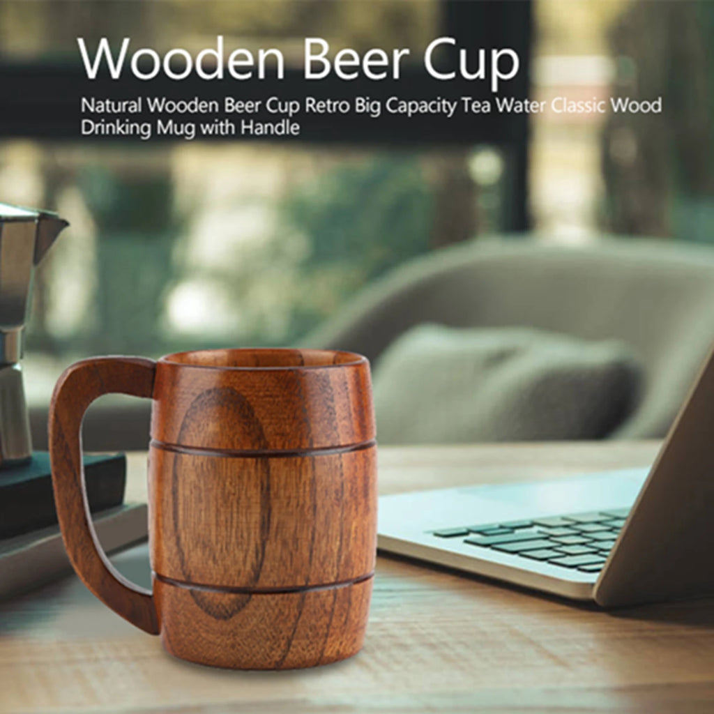 Natural Wooden Beer Cup with Handle Retro 300-400ml Capacity Wood Drinking Mug for Beer Tea Water Home Bar Kitchen Qme