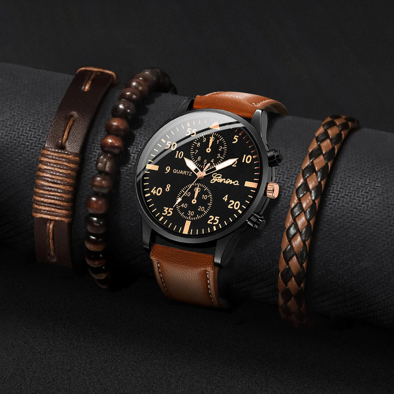 Relógio de quartzo de couro para homens, pulseiras vintage sem caixa, mostrador árabe, moda comercial, 4 pcs/set Qme