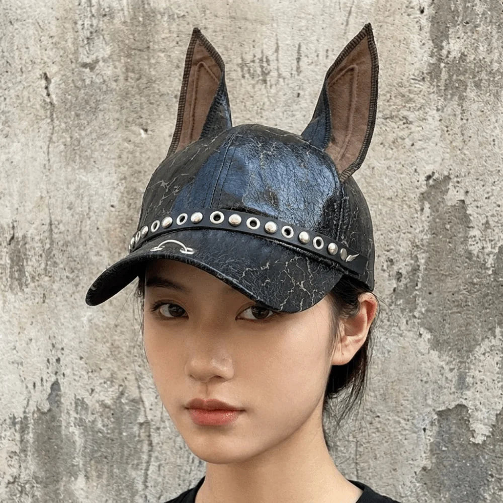 Multifunction Solid Dog Ears Baseball Cap PU Punk Style Leather Baseball Cap Sunshade Adjustable Sunshade Hat Spice Girl Qme