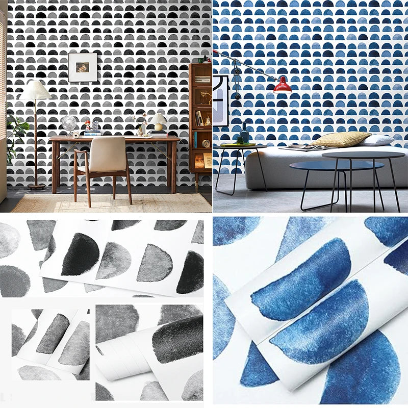 KALYNN Peel Stick Wallpaper Blue White Watercolor Scallop Pattern Qme