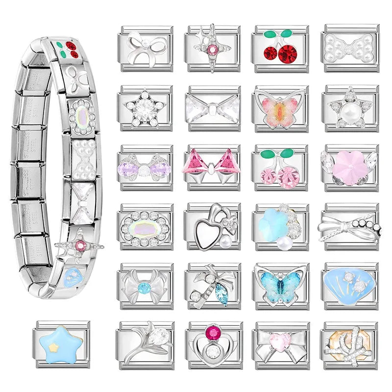 Bright Zircon Multielement Stars Shell ButterflyItalian Charm Links Fit 9mm Stainless Steel Bracelet Women Jewelry DIY Making Qme