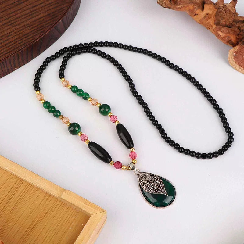 Fashion Black Beads Chain Long Necklaces Green Stone Water Drop Pendant Necklace Sweater Chain Jewelry For Women Gift Qme