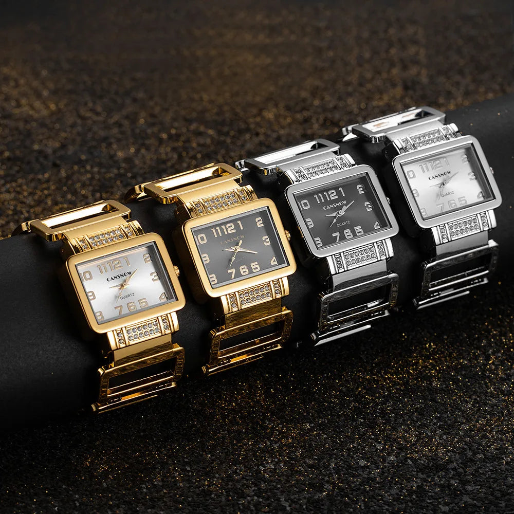 Cansnow Rectangle Ladies Watch Bracelet or Silver Bracelet Watches for Women with Hollow Stones and Quartz Fashion Clock Qme